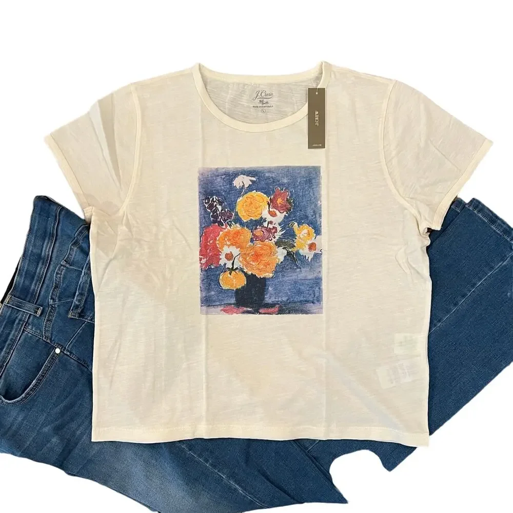 NWT J. Crew Ivory W/Floral Still Life Vintage Cotton Cropped T-Shirt - SIZE L - Picture 1 of 6